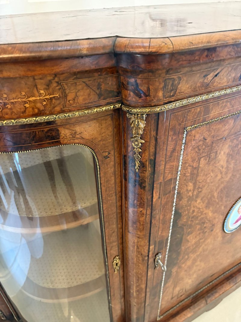 Outstanding Quality Antique Victorian Inlaid Burr Walnut Porcelain Mounted Credenza - Image 18
